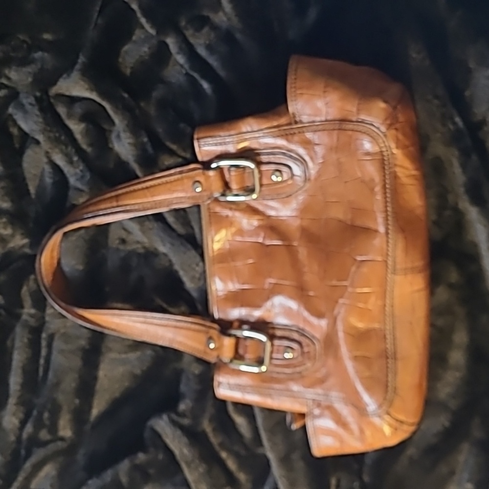 FOSSIL Croc Embossed Leather Shoulder Bag Purse 12" x 8" - Brown - Picture 6 of 16